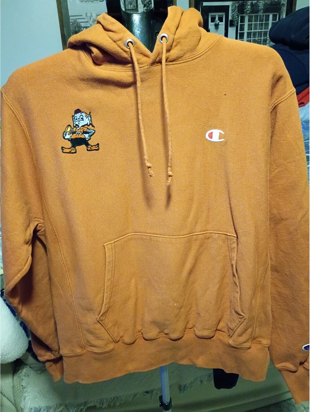 Champion Reverse Weave Medium Orange Hoodie with Embroidered Character